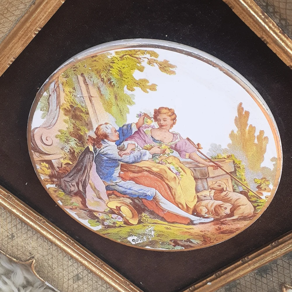 Porcelain painting Courting man woman pet Dog Garden gold frame 10x10 - Picture 2 of 5